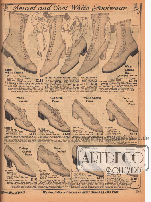 „Fesches und kühles, weißes Schuhwerk“ (engl. „Smart and Cool White Footwear“).
Schlichte Sommerschuhe aus weißem Kanevas, wie Stiefeletten, Oxfords, Pumps, Schnallenschuhe, Sandalen mit Schnallen sowie ein Oxford-Sportschuh. Die Schuh-Modelle zeigen eher niedrige und breite Absätze. Die Kanevas Schuhe sind auch ideal für den Strand oder den Kurort.