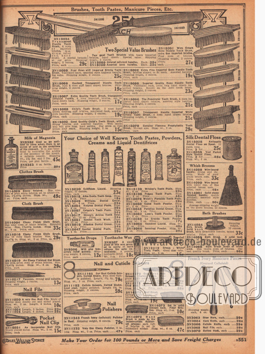 „Bürsten, Zahnpasten, Maniküre, etc.“ (engl. „Brushes, Tooth Pastes, Manicure, Etc.“).
Oben werden Zahnbürsten mit Griffen aus Exelloid (Kunststoff auf Zellulosebasis), Celluloid oder Knochen angeboten. Die Borsten der Zahnbürsten sind teilweise importiert. Darunter werden Zahnpasten in flüssiger Form, als Creme bzw. Pasta oder als Puder der Marken Rubifoam, Alba Denta, Williams, Kolynos, Colgate, Strong’s Arnica, Sanitol, Albodon, Wrisley’s, Pebeco, Welch’s Peroxide (Tooth Paste), Calox, Peredixo, Lyon’s, Le Grande und Sozodont offeriert. Des Weiteren werden Zahnseide, Wachs und Tropfen gegen Zahnschmerzen sowie Magnesiummilch gegen einen übersäuerten Magen angeboten.
Im unteren Seitenbereich werden Hut- und Kleiderbürsten aus Aluminium, Handbesen, Badezimmerbürsten, eine Pinzette, eine Nagelfeile, ein Fingernagelklips, Nagelscheren, Nagelbürsten, ein Nagelblock zum Polieren und ein Maniküre-Set (aus „French Ivory“ → Celluloid) angeboten.