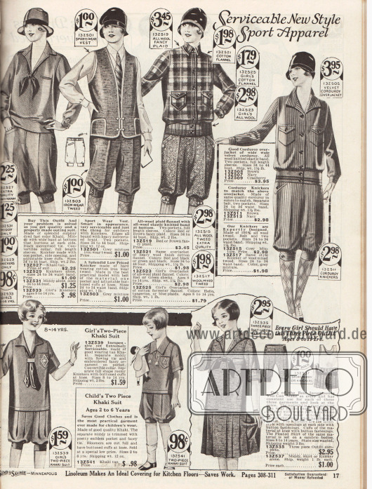 „Zweckdienliche neue Sportkleidung“ (engl. „Serviceable New Style Sport Apparel“).
Eine sportliche Matrosenbluse aus Khaki, eine Weste aus Tweed, Holzfällerjacken („lumberjacks“) mit Brusttaschen und gestrickten Bündchen aus Wolle oder Kord und kurze Kniebundhosen für Frauen. Unten befinden sich Sportanzüge mit Pumphosen oder Rock aus Khakigewebe oder Tweed für Mädchen zwischen 2 bis 14 Jahren.