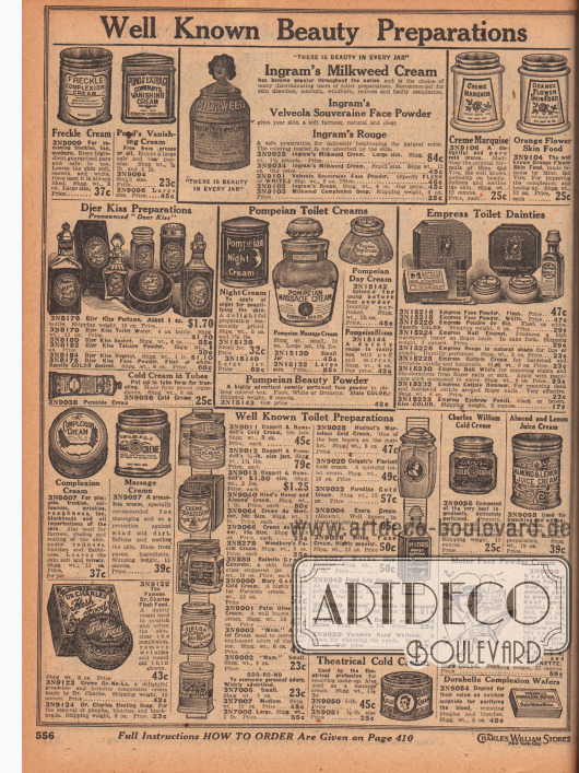 „Weithin bekannte Schönheitspräparate“ (engl. „Well Known Beauty Preparations“).
Unter den Präparaten befinden sich Creme gegen Sommersprossen, Vanishing Cream (Hautpflegecreme), Milkweed Cream (Seidenpflanzen-Extrakt), Velveola Souveraine (Produktname für Gesichtspuder von Ingram’s), Rouge und Milkweed Complexion Seife, Cream Marquise (Cold Cream → Reinigungscreme), Parfüme, Toilettenwasser, Sachet (Duftkissen), Talkumpuder, Gesichtspuder, Nachtcremes, Cold Cream in der Tube für Reisen, Massagecreme, Tagescremes, Reispuder, Nagellack, Rouge für die Lippen in Cremeform, Nagelweißer, Nagelhautentferner, Augenbrauenstifte, Heil- und Nährsalben für die Haut, Deodorants, Theatercreme zur Entfernung von Theaterschminke.
Die angebotenen Marken sind Pond’s, Ingram’s, Djer Kiss, Pompeian, Empress, Oz-No-La, Dr. Charles, Daggett & Ramsdell’s, Hind’s, Creme de Meridor, Woodbury’s, Raibelle, Mary Garden, Palm Olive (Palmolive), ‚Mum‘, Odo-Ro-No, Hudnut’s, Colgate, Peredixo, Exora, Melba, Holmes’ Frostilla, Veradora, Charles William, Almond and Lemon sowie Dorabelle.
Unten rechts befindet sich ein spezieller Gesichtspuder für die weibliche Autofahrerin (hier „lady motorist“).