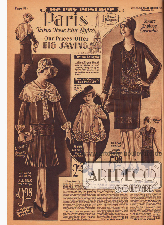 Doppelseite mit einem Kleid aus Seiden Krepp, dessen breiter Kragen aus Georgette und Spitze ist, einem Kleidchen aus Crêpe de Chine für Mädchen bis 6 Jahre, 2 Ensembles aus Rayon Krepp und Woll-Tweed sowie einem Tanzkleid aus Seiden-Taft.
Auch Miss Universe 1928 Ella Van Hueson bestätigt, dass „Amerika diese Kleider bewundern wird“ (Ausschnitt rechts oben).