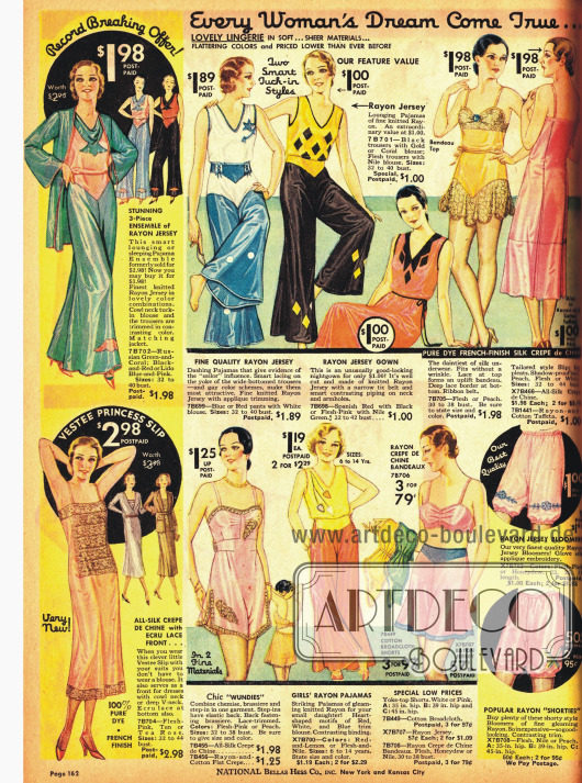 Pyjamas und Damenunterwäsche: Negligees, Seidenhöschen, Pumphöschen und Bandeaus.