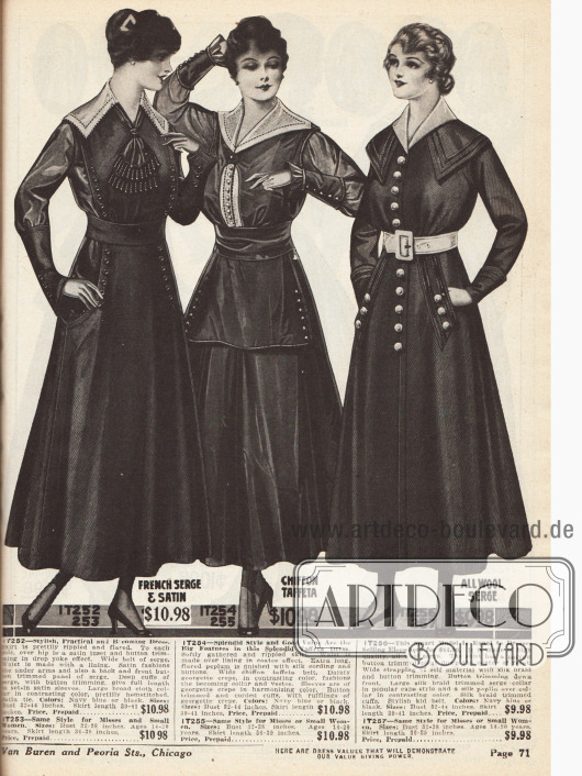Drei Kleider aus französischer Serge und Satin, Chiffon-Taft sowie reinem Woll-Serge. Alle Kleider zeigen Knopfleisten als Zierde und breit ausladende Capekragen. Das mittlere Modell präsentiert zudem einen schürzenartigen Schoßteil und einen Westeneinsatz aus Georgette Krepp, aus dem auch der Kragen besteht.
