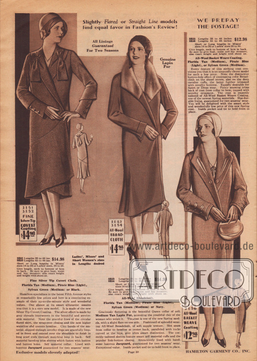 „Leicht ausgestellte oder gerade geschnittene Modelle stehen gleichermaßen in der Gunst der Modekritik! Wir zahlen das Porto im Voraus!“ (engl. „Slightly Flared or Straight Line models find equal favor in Fashion’s Review! We Prepay the Postage!“).
Drei mondäne, gürtellose Frühjahrsmäntel aus fest gewebtem Mantelstoff mit eingewebten silbergrauen Fäden („Fine Silver Tip Covert Coating“), Woll-Breitgewebe oder Sport-Wollgewebe („All-Wool Basket Weave Coating“) für modebewusste Damen.
Einen ungleichmäßigen und im Rücken glockigen Mantelsaum präsentiert das erste Modell. Durch Stoffringe geführte lose Stoffenden fallen beidseitig über die Brust. Auch im Rücken zusammengebundene Schalenden sowie Unterärmel mit Stoffblenden. Glänzender Jacquard dient als Mantelfutter. Der mittlere Mantel zeigt einen im Nacken aufgestellten Königinnenkragen („Queen collar“), der mit Kaninchenfell verbrämt ist. Die Rückenpartie ist reich mit vertikalen Steppnähten versehen. Der dritte Mantel präsentiert farblich abstechende Stoffeinsätze aus Breitgewebe an Kragen und den breiten Manschetten. Letztere mit Knopfgarnitur. Vertikale Stepperei ziert den Rücken.