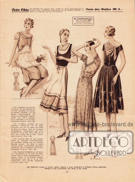 5141: Dirndlkleid aus kariertem Waschstoff. Für die Puffärmel und die flotte Latzschürze ist bedrucktes Material verwendet. An den Rändern Volantverzierung. Die Schürze hat Bindeschluß.
5142: Dirndlkleid, bestehend aus grün bedrucktem Wollmusselin für den Rock, schwarzem Samt für das Mieder und Batist für Bluse und Schürze. Rock mit schwarzem Samtbandbesatz.
5143: Einfaches Kleid für den Landaufenthalt aus bedruckter Travisé-Kunstseide. Die einfarbigen Blenden sind mit schmalem Bändchen garniert. Der Rock ist seitlich mehrfach gereiht.
5144: Elegantes Dirndlkleid aus schwarzem Taft. Das Halstuch ist aus rotem und silbergrauem Crêpe de Chine zusammengesetzt. In gleichen Farben ist die Stickerei gehalten.