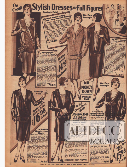 „Auf Kredit – Modische Kleider für füllige Damen“ (engl. „On Credit – Stylish Dresses for Full Figures“).
Kleidsame Tages- und Nachmittagskleider aus Seiden Krepp, „federleichtem“ Woll-Tweed, Woll-Flanell, Seiden-Satin oder Seiden-Satin Krepp für Frauen mit stärkerer Statur. Plissee- und Faltengruppen oder Quetsch- und Kellerfalten erweitern die geradlinig geschnittenen Röcke. Mehrere Modelle mit Plastrons (eingenähten Stoffeinsätzen am Oberteil) aus Woll-Popeline, in Säumchen abgenähtem Seiden-Woll Krepp, Seiden-Krepp oder Seiden-Georgette. Schleifen, Säumchen, Biesen oder Ansteckblüten dienen als Zierde.