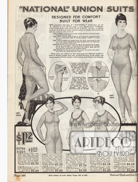 „‚National’ Hemdhosen. Entworfen für Komfort, hergestellt zur Haltbarkeit“ (engl. „‚National’ Union Suits. Designed for Comfort, Built for Wear“).
Die hier gezeigten, einteiligen Hemdhosen für Damen sind aus gekämmten und gerippten Baumwollgarnen. Der Preis beträgt 1,12 Dollar pro Stück. Anders als gewöhnliche Hemdhosen sind ‚National’ Hemdhosen mit geschwungenen Seitennähten und durch Stoffzugabe mit kurvigen Schultern versehen, wodurch der Tragekomfort deutlich erhöht wird.