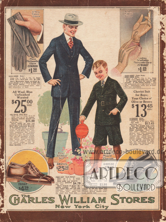 Rückseite des Versandhauskatalogs der Charles William Stores aus New York City mit gemischten Angebot.
In der Mitte ein Herrenanzug aus marineblauer, reiner Wolle mit Heringsmuster sowie ein Anzug für 10 bis 18-jährige Jungen im Norfolk-Stil und kurzer Knickerbockerhose aus Cheviot-Wolle.
Oben links und rechts befinden sich jeweils ein Paar Handschuhe aus „Mochasette“ (Lederimitat mit samtartiger Oberfläche) für Männer und Frauen.
Unten sind ein Paar Oxford-Schuhe für Männer sowie Frauen. Das Material beider Schuhe ist braunes Mahagoni Leder sowie schwarzes Lackleder. Das Herrenschuhmodell ist Goodyear welted (Rahmengenäht). Das Paar Damenschuhe zeigt einen Louis XIV Absatz.