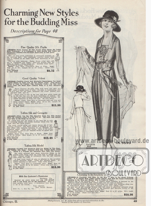 „Charmante neue Moden für das aufstrebende Fräulein“ (engl. „Charming New Styles for the Budding Miss“).
Einfaches, schickes Nachmittagskleid aus Taft-Seide für Backfische und Frauen mit kleiner Statur. Das Kleid ist zweiteilig aufgebaut aus einem Unterkleid und einer knappen, kurzen Jackenbluse mit schmalem Kragen. Letztere wird über sechs parallele Knöpfe geschlossen. Die tief geschnittene Jacke gibt den Blick auf die bestickte Brust des Unterkleides frei. Der an die Jacke angeschnittene Gürtel endet mit kleinen Stoffkugeln. Ärmel aus Georgette.