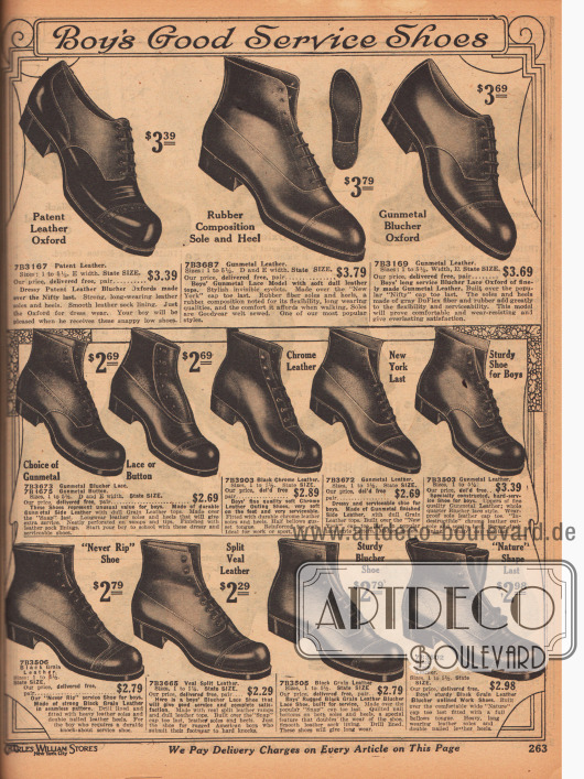 „Haltbare Schuhe für Jungen“ (engl. „Boy’s Good Service Shoes“).
Hochwertige Halbschuhe und Kurzstiefel für Schule und Straße für Jungen bis etwa 14 Jahre. Die Schuhe sind aus Kalbsleder; ein Modell ist aus Lackleder. Die meisten Schuhe werden geschnürt, ein Modell wird über Knöpfe geschlossen. Leichte Quernahtperforationen sowie Doppel- und Dreifachnähte sind zu sehen.