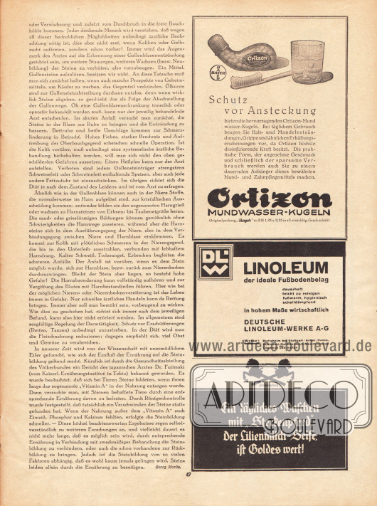 Artikel:
Moritz, Georg, Gallen- und Nierensteine.
Werbung:
Ortizon, Mundwasser-Kugeln, Originalpackung „Bayer“;
Deutsche Linoleum-Werke AG, Bietigheim bei Stuttgart;
„Steckenpferd“ Lilienmilch-Seife.