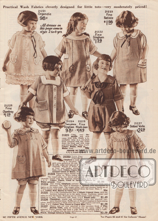 „Praktische waschbare Stoffe raffiniert geschaffen für kleine Kinder – jedes sehr moderat im Preis!“ (engl. „Practical Wash Fabrics cleverly designed for little tots – very moderately priced!“).
Schicke Kleidchen und belastbare Spielkleider mit Pumphöschen sowie ein Knickerbockeranzug für 2 bis 6-jährige Mädchen. Die Materialien der Kleider sind Organdy, Gingham, Batist, Khaki Jeansstoff, Chambray und feiner gepunkteter Schleierstoff.