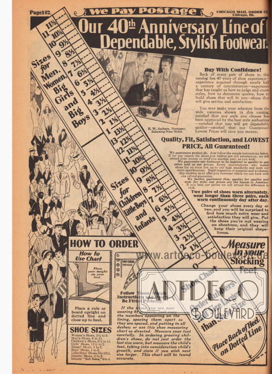 „Unsere 40. Jubiläums-Produktlinie mit verlässlicher, modischer Schuhware!“ (engl. „Our 40th Anniversary Line of Dependable, Stylish Footwear!“).
Seite mit Hinweisen zum korrekten Bestellen von passenden Schuhen für die ganze Familie. Anhand des abgebildeten Maßbandes kann die eigene Schuhgröße ermittelt werden, in dem der Fuß hier angelegt werden kann.