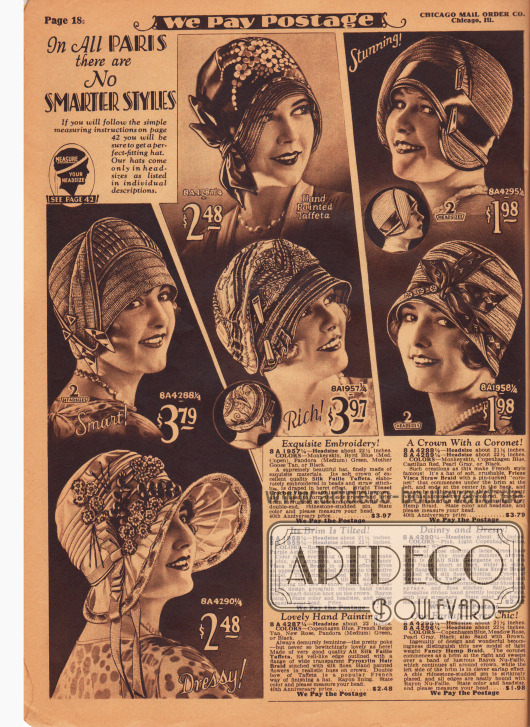 Doppelseite mit 12 verschiedenen Damenhüten aus Visca-Stroh, Pyroxylin Hair Braid (Pferdehaar-Imitat aus Kunstseide), Hanf, Seiden-Taft, Satin und Seiden-Georgette in verschiedensten Aufmachungen.