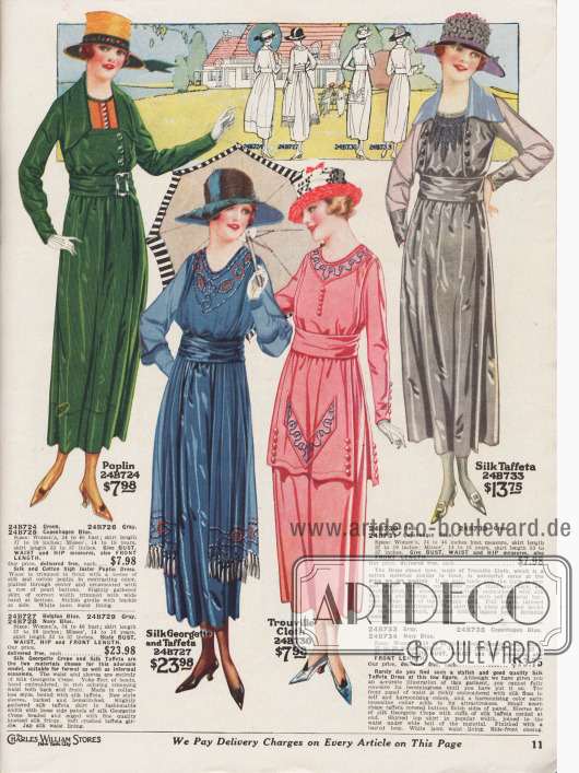 Frühlingshafte Damenkleider aus hochglänzendem Seiden-Baumwoll-Popeline, Seiden-Georgette Krepp und Seiden-Taft, Trouville Cloth (leinenähnlicher Stoff aus Baumwolle) oder changierendem Seiden-Taft.
Das erste Kleid zeigt ein oranges Westchen mit Perlmutterknöpfen. Bandgürtel mit Metallschließe. Das zweite sehr elegante Modell präsentiert Perlstickerei am Ausschnitt und an den beiden losen Seitenpaneelen, die mit geknoteten Seidenfransen abschließen. Bluse und Ärmel aus duftig feinem Seiden-Georgette Krepp. Ärmel mit Biesen und Hohlnähten. Das dritte Kleid präsentiert ein schürzenlanges Front- und Rückenpaneel, das mit Stickerei und Knöpfen in der Farbe des Kleidmaterials versehen ist. Die Bluse des vierten Kleides ist am Ausschnitt mit Rohseide bestickt und besitzt einen breiten Kragen aus Satin-Messaline. Die beiden Frontpaneele sind beidseitig mit Zierknöpfen versehen.