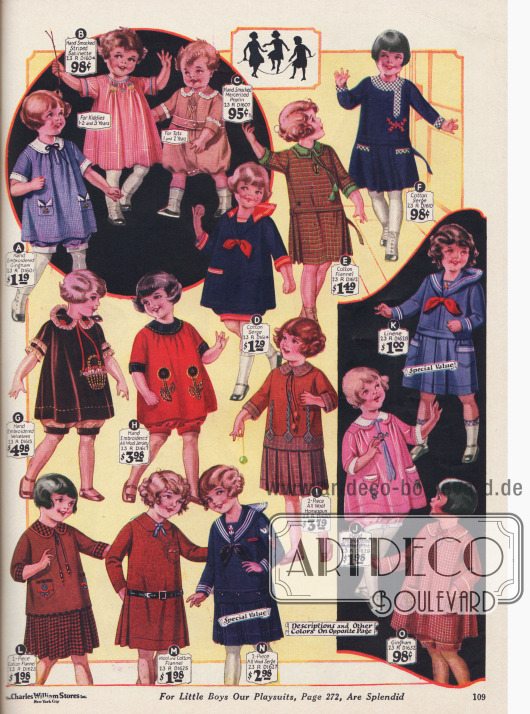 „Panty dresses“ (dt. Kleidchen mit Höschen) für Mädchen bis 6 Jahre aus Gingham, Satin, Samt, merzerisiertem Poplin und Woll-Jersey.
Die anderen Kleidchen sind aus Flanell, Woll-Serge, Homespun und Leinen.