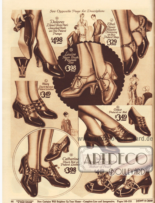 Schnallenschuhe, Pumps und Oxfords für Damen. Die Schuhe sind aus Lackleder oder Chevreauleder (Ziegenleder).
Die Modelle zeigen Militärabsätze (niedrig und dick geformt), kubanische Absätze (mittelhoch und relativ dick geformt) oder spitze, schlanke, hohe Absätze (engl. „spike heels“). Das Modell Dolores (H), das direkt aus Paris importiert wurde, präsentiert ein Strassmotiv an beiden Absätzen. Inlays aus alligatorenartig genarbtem Leder (J), strahlenartige Nähte (K), Perlmuttverzierung (P), dekorative Ausstanzungen und Durchbrucharbeiten (K, M, N) oder Dreifachschnallen (L) geben jedem Modell einen individuellen Charakter.