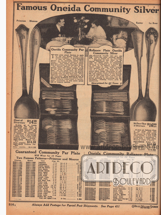 „Das berühmte Oneida Community Tafelsilber“ (engl. „Famous Oneida Community Silver“).
Essbestecke mit ornamentalen und kunstvollen Griffen im Primel Muster (hier „Primrose pattern“) oder im Muster La Rose des amerikanischen Herstellers Oneida Community Company (New York, USA). Alle Bestecke haben zehn bzw. 25 Jahre Garantie. Initialen können auf Wunsch eingraviert werden.
Die Bestecke sind entweder 32-teilig (14,38 Dollar) oder 26-teilig (16,00 Dollar).
Bei den Bestecken können außerdem einzeln oder im Sechserset bestellt werden: Zuckerlöffel, Löffel für Beeren, Gabeln für Aufschnitt, Gurkengabeln, Buttermesser, Teelöffel, Nachtischlöffel, Tafellöffel, Tischmesser, Dessertmesser, Tischgabeln, Nachtischgabeln, Tortenheber, Kinderbesteck, Fruchtmesser, Löffel für Orangen, Austerngabeln, Suppenlöffel, Butterstreichmesser, Suppenkellen, Saucenkellen, Sahnekellen, lange Eisteelöffel, Salatgabeln, Zuckerzangen und Babylöffel.