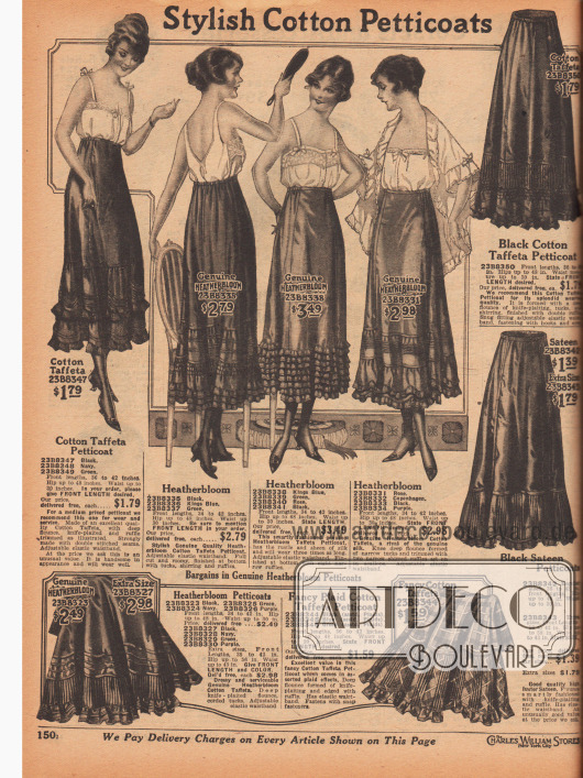 „Modische Baumwoll-Petticoats“ (engl. „Stylish Cotton Petticoats“).
Damenunterwäsche. Unterröcke aus karierten oder zumeist einfarbigem Baumwoll-Taft und „Heatherbloom“-Baumwoll-Taft für Damen. Die unteren Drittel der Röcke werden durch mehrlagige Rüschen, Volants, Biesen oder mittels feiner Plissees erweitert. Petticoats mit elastischen Taillenbändern.