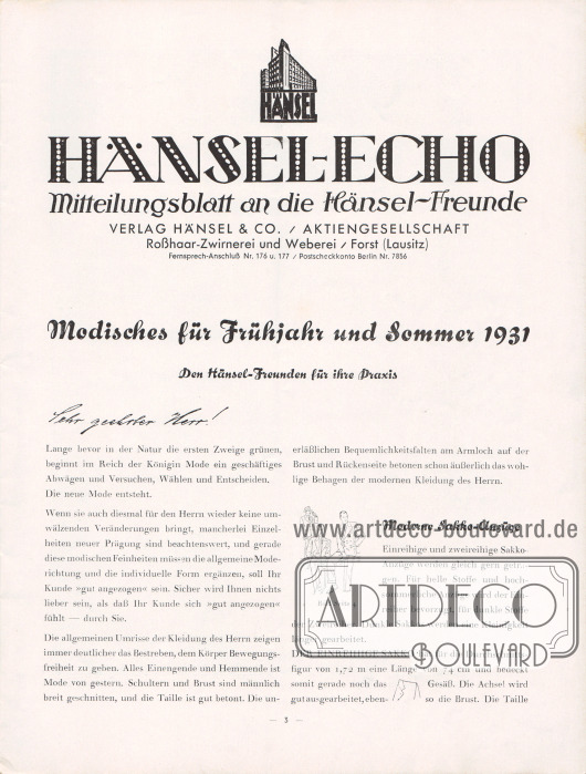 Artikel von Bruno Henschke, dem damaligen Generaldirektor: „Modisches für Frühjahr und Sommer 1931. Den Hänsel-Freunden für ihre Praxis“.
