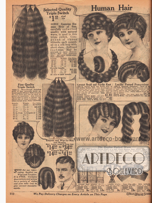 Angebot mit menschlichem Echthaar in allen Naturfarben.
Hierunter befinden Haarteile (z. B. mit Namen „Pompadour“), dauergewellte Locken, Haarknoten, geflochtene Zöpfe in verschiedenen Längen. Für ganze Perücken und Toupets für Damen und Herren kann ein kostenloses Booklet bestellt werden (siehe links unten). Die Haarsträhnen links sind in den längen 18 bis 30 Inch (45,7 bis 76,2 cm) erhältlich. Graues und weißes Haar ist gegen Aufpreis erhältlich.
Unten rechts werden Haarnadeln und elegante Haarkämme angeboten.
