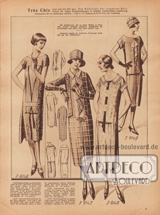 9146: Sommerkleid, aus bedrucktem Crêpe de Chine oder Voile herzustellen. Der gerade Schnitt erweitert sich nach unten durch den nur an der rechten Seite zwischengefügten Glockenteil. Interessant ist der plissierte Garniturteil aus weißem Material mit den lose aufliegenden schwarzen Samtbändchen.
9147: Kariertes Wollstoffkleid, für die Reise geeignet. Vorn öffnet sich das Modell über einer weißen Batistweste mit plissiertem Jabot, es kann der obenstehenden kleinen Abbildung gemäß über dieser geknöpft werden.
9148: Sommerkleid aus Wollmusselin mit Kragen und Aufschlägen in weißem Batist. Am Rande Spitzen. Durch Einschnitte geführte Bandkrawatte, passender Gürtel.
9149: Nachmittagskleid aus gelbem Crêpe Marocain mit dunkler getöntem Ledergürtel. Jabot aus weißem Crêpe Georgette.