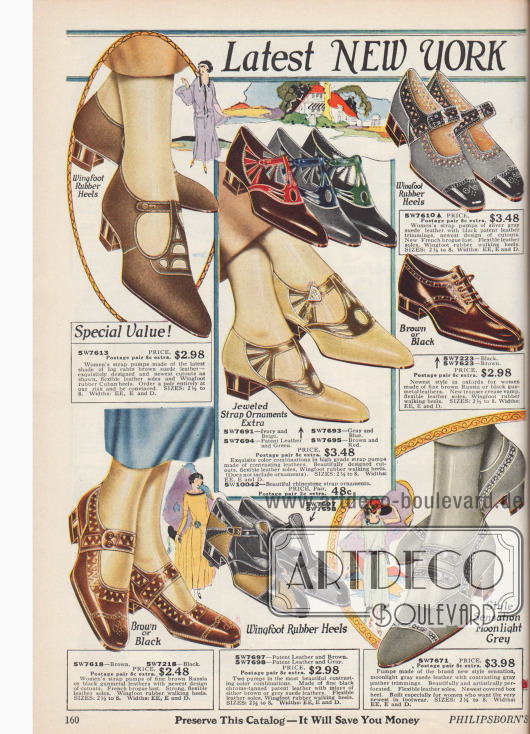 Doppelseite mit Damenpumps, Schnallenschuhen und Oxfords aus Leder in bunten Farben, bei denen mit teilweise mit starken Kontrasten gearbeitet wird. Die Absätze sind niedrig und das Leder zeigt ornamentale und flächige Ausstanzungen und Perforationen. Spitze Kappen sind noch modern.