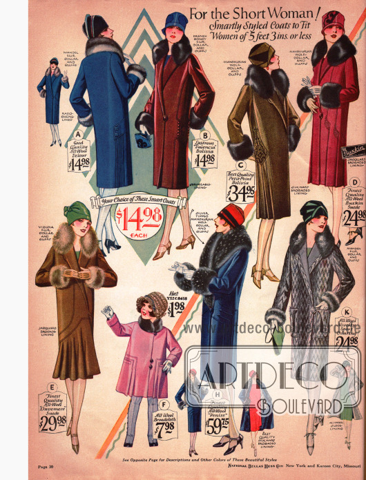 Wintermäntel für die klein gewachsene Dame.
Aufgenähte Seitenpanele, die von der Schulter bis zum Saum führen und Stickereien geben der einfachen Linie den besonderen Schick.
Der Damenmantel unten links (Model E) zeigt einen falten werfenden Rockteil.