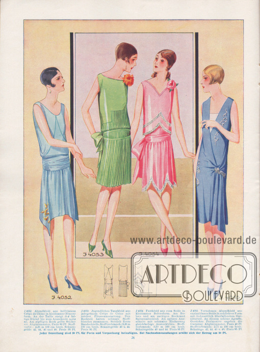 4052: Abendkleid aus hellblauem Crêpe de Chine in kleidsamer Blusenform. An der Taille steigt der faltige Gürtel bis zum Ausschnitt spitz an. Am zipfligen Rock gelbe Stickerei.
4053: Jugendliches Tanzkleid aus jadegrünem Crêpe de Chine mit reicher Plisseeausstattung. Den Rockteil halten schmale Stoffblenden zusammen. Seitlich flotte Bandschleife.
4054: Festkleid aus rosa Seide in kleidsamer Boleroform. Am Bolero und am zackigen Rockrand Spitzenabschluß. Am spitzen Ausschnitt mit schmaler Einfassung gleichfarbige Ansteckblüte.
4055: Vornehmes Abendkleid aus enzianblauer Seide in schlichter Form mit linksseitlich überfallendem Garniturteil. An diesem schöne Agraffe. Gestickte Perlmotive ergeben die Garnitur.