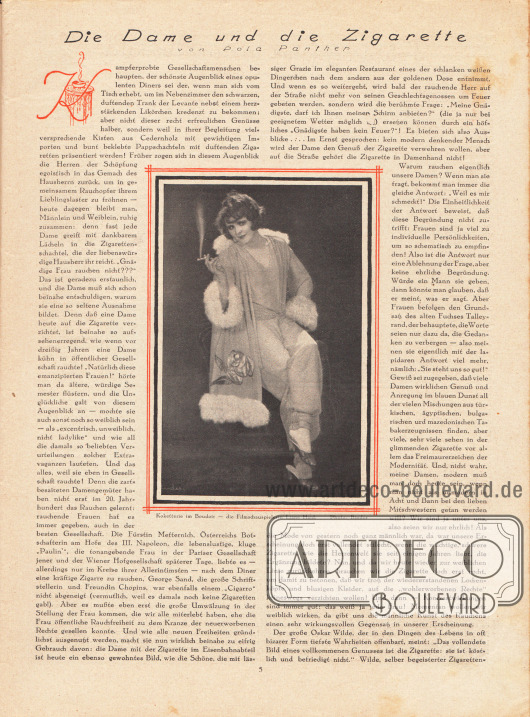 Artikel:
Panther, Pola, Die Dame und die Zigarette.
Mit einer Fotografie der rauchenden deutschen Filmschauspielerin Liane Haid (1895-2000) mit dem Titel „Koketterie im Boudoir“.
Foto: Binder.
