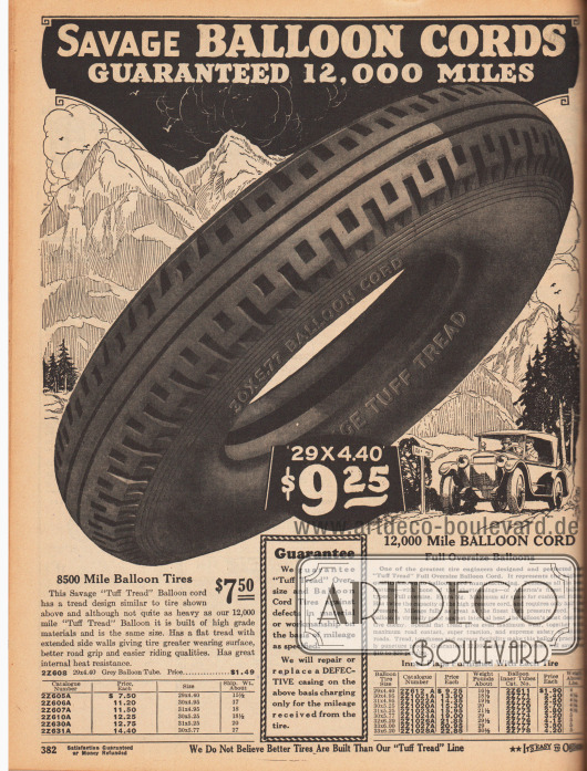 „Savage Balloon Cords Guaranteed 12,000 Miles“.
Autoreifen mit Profil in zwei verschiedenen Qualitäten, wobei das höherwertigere Modell für 9,25 Dollar für 12.000 Meilen (über 19.300 km) garantiert wird. Das einfachere, günstigere Reifenmodell für 7,50 Dollar wird für 8.500 Meilen (rund 13.700 km) Laufleistung garantiert.
