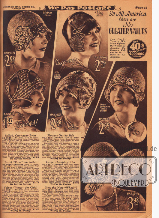 Doppelseite mit 12 verschiedenen Damenhüten aus Visca-Stroh, Pyroxylin Hair Braid (Pferdehaar-Imitat aus Kunstseide), Hanf, Seiden-Taft, Satin und Seiden-Georgette in verschiedensten Aufmachungen.