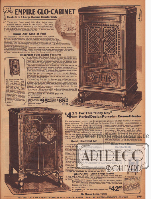 Doppelseite mit kohlebefeuerten gusseisernen Schrankheizöfen in abweichenden Aufmachungen und Ornamentik zur Beheizung von bis zu sechs Räumen. Die Porzellanverkleidungen wurden Edelhölzern nachempfunden und ermöglichen optimale Luftzirkulation. Das Modell rechts unten enthält zusätzlich einen eingebauten Luftbefeuchter.