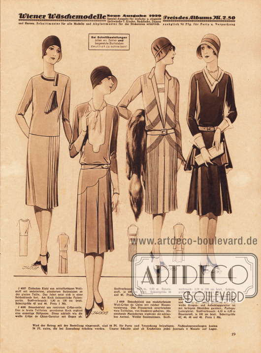 4007: Einfaches Kleid aus mittelfarbigem Wollstoff mit ombriertem, plissiertem Seidenjabot an der glatten Taille. Das Jabot setzt sich in einer Seidenblende fort. Am Rock linksseitliche Faltenpartie.
4008: Besuchskleid aus rostrotem Crêpe-Satin. Den in breite Tollfalten geordneten Rock ergänzt eine einseitige Hüftpasse. Diese schließt wie die weiße Crêpe de Chine-Garnitur mit Bogen ab.
4009: Besuchskleid aus modefarbenem Woll-Crêpe de Chine mit reicher Biesenverzierung. Den Plisseerock unterbrechen vorn Tollfalten, von Stepperei gehalten. Abstechende Manschetten ergänzen die schlanken Ärmel. Weißer Seideneinsatz.
4010: Elegantes Nachmittagskleid aus schwarzem Crêpe-Satin mit Glockenrock und Schoß, der farbig gefüttert ist. Die weiße Kragen- und Aufschlaggarnitur ist mit farbigem Bändchen garniert. Farbiger Ledergürtel.