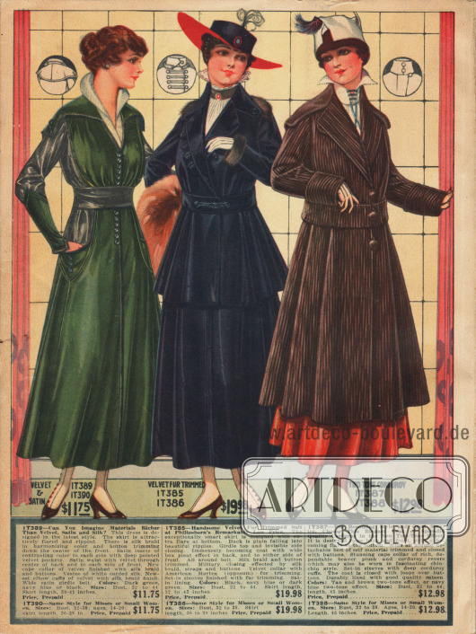 Kleid aus Satin-Samt mit enger Gürtellung, großen Taschen, überbreitem Cape-Kragen und Seidenborte an Seiten und Oberarmen.
Das in der Mitte präsentierte Samtkostüm mit Marderpelzbesatz an Kragen und Ärmelaufschlägen ist sehr charakteristisch für die Mode 1916. Die Jacke ist mit einem abstehenden Schoß, der in tiefen Falten fällt, gearbeitet.
Ein brauner Kordmantel im zweifarbigen Effekt beschließt das Angebot der Firma Philipsborn.
