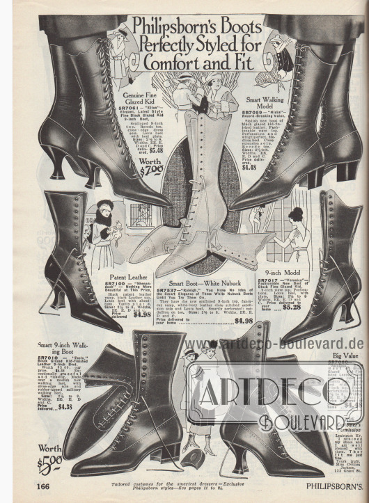 „Philipsborn Stiefel. Perfekt geformt für Komfort und beste Passform“ (engl. „Philipsborn’s Boots Perfectly Styled for Comfort and Fit“).
Hochgeschlossene Straßen-Schnürstiefel aus lasiertem Chevreauleder (Ziegenleder), Lackleder oder Nubukleder (Rauleder). Die Stiefel zeigen entweder die geschweiften, schlanken Louis XIV Absätze oder mittelhohe Militärabsätze. Sehr spitze Schuhkappen sind modern. Nähte mit Zier-Perforationen.