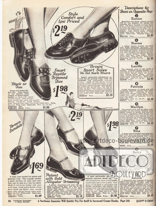 Bequeme Sportschuhe (Oxfords) und Sandalen mit leichten, flexiblen Gummisohlen und niedrigen Absätzen für Damen und junge Frauen. Die Schuhe sind aus Hirschleder, Kalbsleder oder Lackleder. Einzelne Modelle sind mit Eidechsenleder dekorativ kombiniert.
Perforationen und Ausstanzungen dienen als Ornament. Der Sportschuh oben rechts zeigt eine runde Naht auf dem vorderen Oberleder, ähnlich einem Mokassin. Dieser Sportschuh ist zudem Goodyear welted.