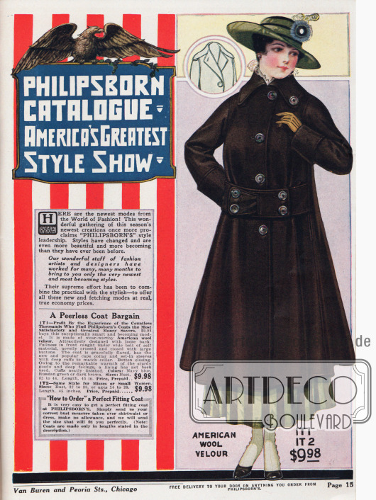 „Philipsborn Katalog – Amerikas größte Modenschau“
Den Anfang der Modenschau macht ein „unvergleichlicher“ Mantel aus amerikanischem Woll-Velours. Im Rücken ist der Mantel weit geschnitten, während die Weite an der Vorderseite durch den breiten Gürtel begrenzt wird. Große Ärmelaufschläge, nicht minder große Knöpfe und ein ausladender Capekragen (wenn er offen getragen wird) sind charakteristisch für den Mantel.