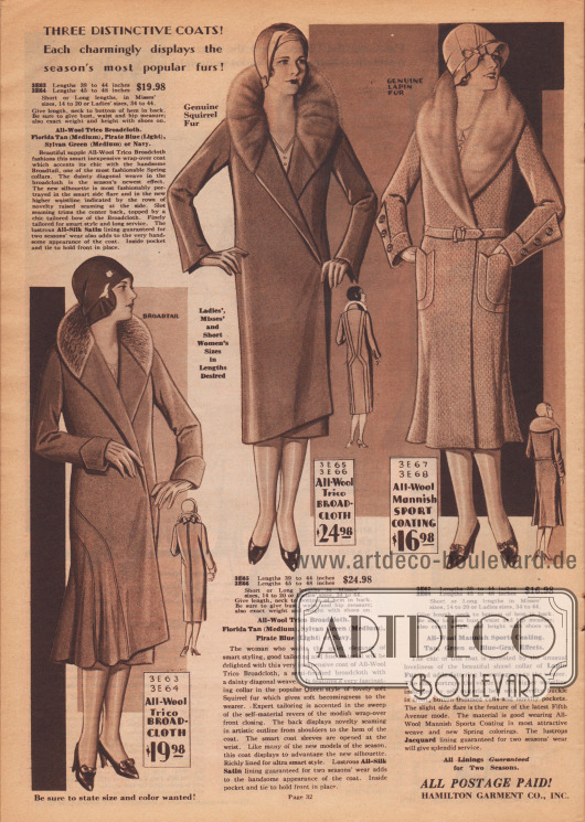 „Drei charakteristische Mäntel! Jeder zeigt auf charmante Weise die beliebtesten Pelze der Saison!“ (engl. „Three Distinctive Coats! Each charmingly displays the season’s most popular furs!“).
Drei elegante Frühjahrsmäntel in der neuen taillierten Modelinie aus Woll-Breitgewebe oder sportlich herrenmäßigem Woll-Mantelstoff. Die beiden runden, stehenden Königinnen-Kragen (hier „Queen style collar“ genannt) sowie der Schalkragen rechts sind der Reihe nach mit Breitschwanz, Eichhörnchen oder Kaninchen („lapin fur“) verbrämt.
Der erste Mantel zeigt einen glockigen, seitlichen Stoffeinsatz mit Paspeln. Wie der erste Mantel ist auch das zweite Modell gürtellos und vorne glatt gearbeitet. Paspeln zieren die Rückseite. Das dritte Modell zeigt aufgesetzte Taschen und knopfbesetzte, breite Manschetten.