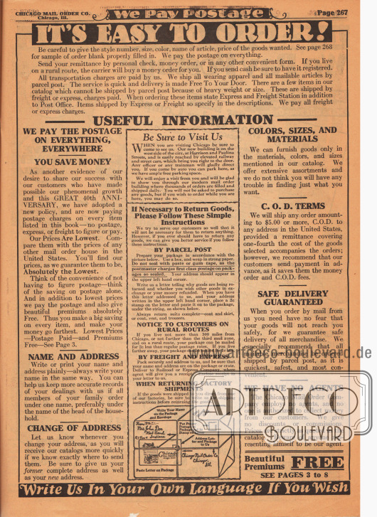 „Es ist EINFACH zu bestellen!“ (engl. „It’s Easy to Order!“).
Seite mit Hinweisen zum einfachen und korrekten Bestellen oder zu Rücksenden von Ware. Die Informationen betreffen Name und Adresse (engl. „Name and Address“), Adressänderungen („Change of Address“), Farben, Größen und Materialen („Colors, Sizes, and Materials“), Nachnahmebedingungen („C. O. D. Terms“) sowie allgemeine Punkte.