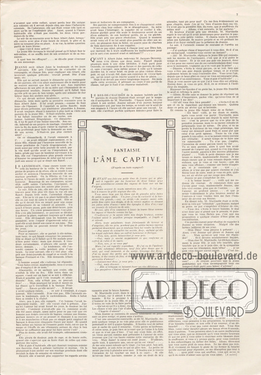 Artikel:
Macéra, Georges de, Les Petits Souliers Rouges;
Ariza, F. J., Fantaisie l’Âme Captive (D’après un texte espagnol).
