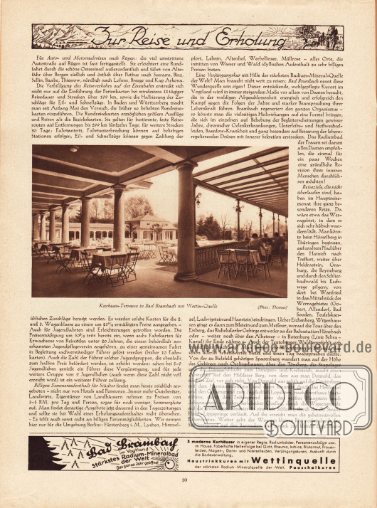 Artikel:
O. V., Zur Reise und Erholung.
Mit einem Foto der „Kurhaus-Terrasse in Bad Brambach mit Wettin-Quelle“.
Foto: Thomae.
Werbung:
Bad Lambach, Radium-Mineralbad Wettinquelle.