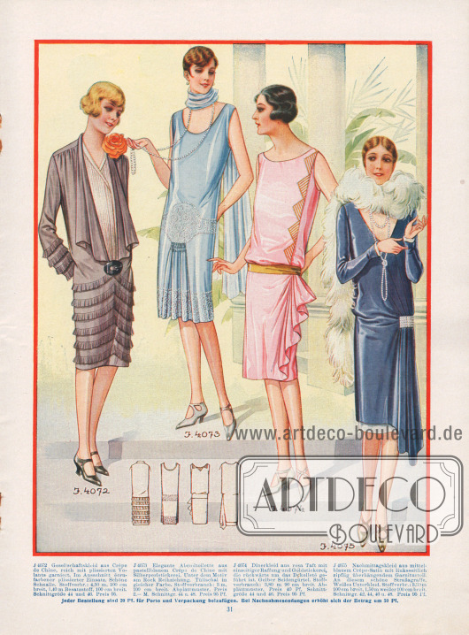 4072: Gesellschaftskleid aus Crêpe de Chine, reich mit plissierten Volants garniert. Im Ausschnitt écrufarbener plissierter Einsatz. Schöne Schnalle.
4073: Elegante Abendtoilette aus pastellblauem Crêpe de Chine mit Silberperlstickerei. Unter dem Motiv am Rock Reihziehung. Tüllschal in gleicher Farbe.
4074: Dinerkleid aus rosa Taft mit einseitiger Raffung und Goldstickerei, die rückwärts um das Dekolleté geführt ist. Gelber Seidengürtel.
4075: Nachmittagskleid aus mittelblauem Crêpe-Satin mit linksseitlich zipflig überhängendem Garniturteil. An diesem schöne Straßagraffe. Weißes Unterkleid.