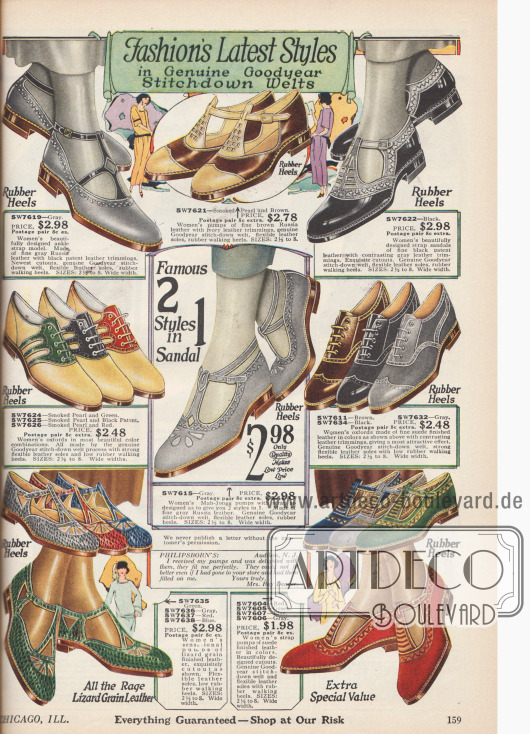 Damenschuhe mit flachen Sohlen oder sehr niedrigen Absätzen und mit Goodyear Gummisohlen. Hauptsächlich erscheinen hier Oxfords oder recht offen geschnittene, sandalenartige Schuhe mit Schnallen und Riemenverschluss. Im Zentrum befinden sich sogenannte „Mah-Jongg“ Schuhe. Die Schuhe sind aus Veloursleder, Eidechsenleder, Russischleder und Lackleder. Oft wird hier mit kontrastierenden Farbeffekten gespielt.