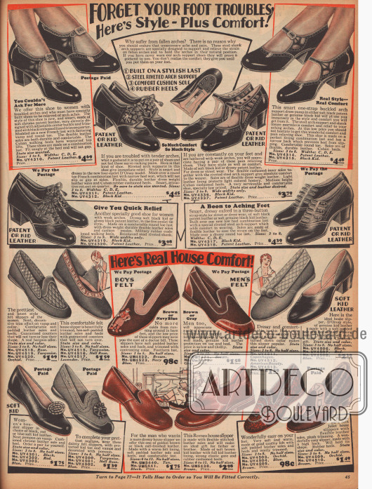 Schnallenschuhe und Pumps für Damen im oberen Bildteil sowie Hausschuhe und Pantoffeln für beide Geschlechter im unteren Teil des Bildes.
Die Damenschuhe sind aus Ziegen- und Lackleder gefertigt und weisen vielfache Ausstanzungen zur Zierde auf. Alle Modelle besitzen niedrige Absätze. Zwei Modelle sind Oxfords.
Die Hausschlappen für Männer und die sogenannten „boudoir slipper“ für Frauen sind aus Filz oder Leder. Ihre Solen sind dagegen aus Gummi hergestellt.