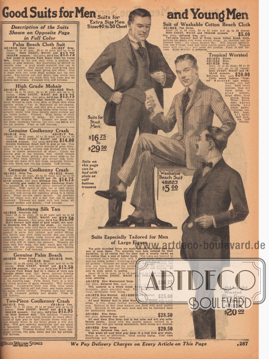 „Gute Anzüge für Herren und junge Männer“ („engl. Good Suits for Men and Young Men“).
Kleidsame Sommeranzüge für Strand oder Stadt aus leicht waschbarem, hellbraunem Baumwoll-„Beach Cloth“ oder blauem, grauem oder braunem Kammgarn (Woll- und Baumwoll-Mischgewebe).
Zudem können auf dieser Seite auch Übergrößen für besonders große oder stark gebaute Männer geordert werden (siehe Hinweise und Text unten Mitte).