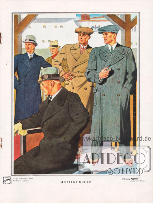 „Moderne Ulster“.
Charakteristisch für den Ulstermantel ist der weite und bequeme Schnitt sowie die breiten Klappen und breiten Kragen. Ulstermäntel zeigen derzeit fast ausschließlich die zweireihige Form. Auch für Ulster sind die lebhaften Musterungen weggefallen und nur dezente Dessins werden noch verwendet. Blau, Grau, Beige und Marengo (schwarz mit etwas Weiß meliertem Stoff) sind die Standardfarben.
Zeichnung/Illustration: Harald Schwerdtfeger (1888-1956).