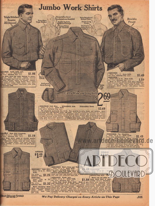 Arbeitshemden mit Dreifachnähten und verstärkter Verarbeitung aus Khakistoff oder blauem Chambray. Doppelt vernähte, aufgesetzte Taschen oder doppelte Schulterpassen geben den Hemden Praktikabilität und dauerhafte Haltbarkeit.