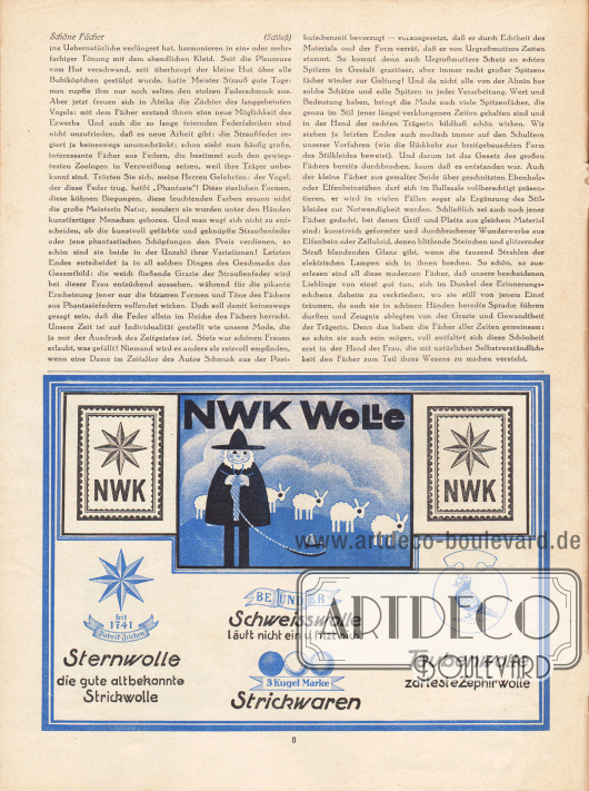 Artikel:
Dahl, Annie, Schöne Fächer.
Werbung:
NWK Wolle, Nähgarn.