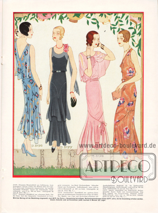 5176: Elegantes Réunionkleid aus hellblauem, bunt bedrucktem Chiffon. Über den Rücken fällt ein Cape. Dem Rock sind Glockenteile eingearbeitet. Am spitzen Ausschnitt Perlnadel. Gürtel mit Perlschnalle.
5177: Elegantes Abendkleid aus schwarzer Seide. Für die Passe und den hängenden Garniturteil ist Georgette verwendet. Am Rock Glockenvolants. Schmaler Gürtel mit Perlschnalle.
5178: Sommerliches Abendkleid aus opalrosa Georgette mit gleichfarbigem Unterkleid aus Crêpe de Chine. Die Ränder von Cape und Rockvolant schließen mit durchschnittener Hohlnaht ab. Im Taillenschluss Säumchengruppe.
5179: Apartes Abendkleid aus bedrucktem Seiden-Musselin. Kurze Taille mit Ausschnittblende. Den Rock ergänzt ein Glockenvolant. Schmaler Gürtel.